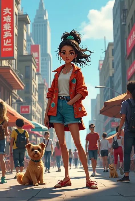 Girl in the city with her pet selling clothes