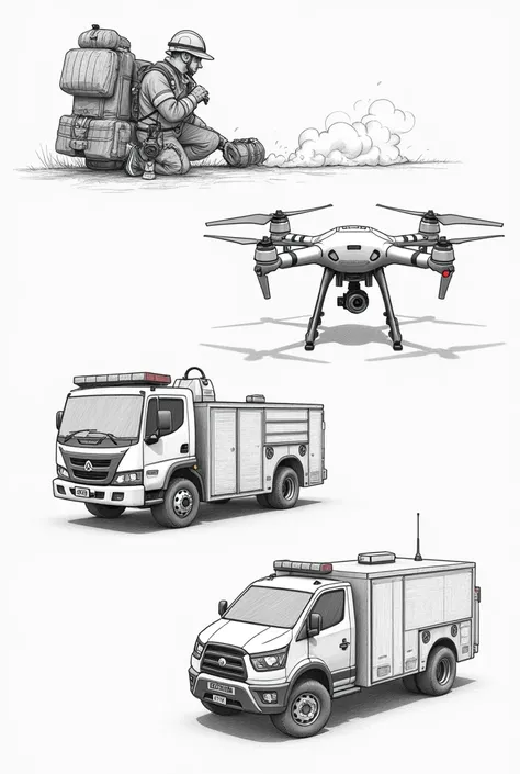  make 3 prototype models of firefighting devices that use foam,  must be a backpack , drone and vehicle ,  that is innovative and that is graphed as a pencil design .