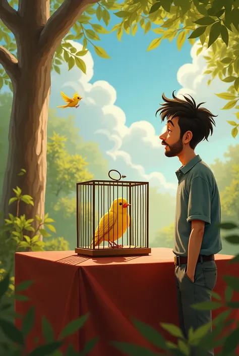 A contest table with a rectangular shaped singing cage and small ,  inside it a yellow canary that is persisting singing and next to it a man watching and enjoying the melodies of the bird