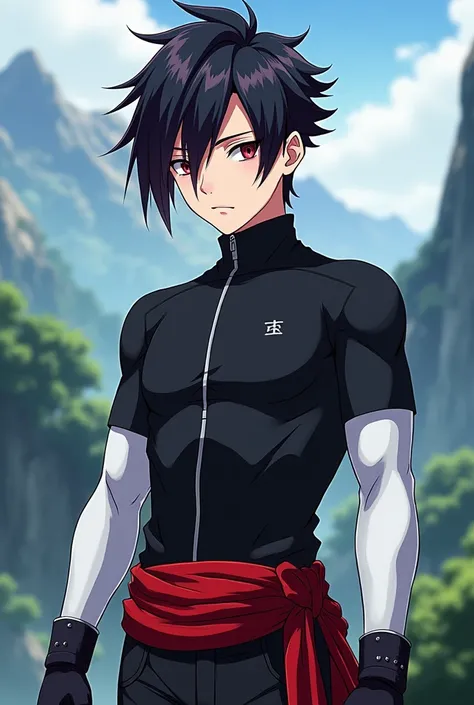  With the features of the anime Naruto create the image of a young man with black eyes, dark red hair,  a black compression shirt with a silver zipper , The RIGHT arm is WHITE including the hand with a black GLOVE, The left arm has a glove ,  around the wa...