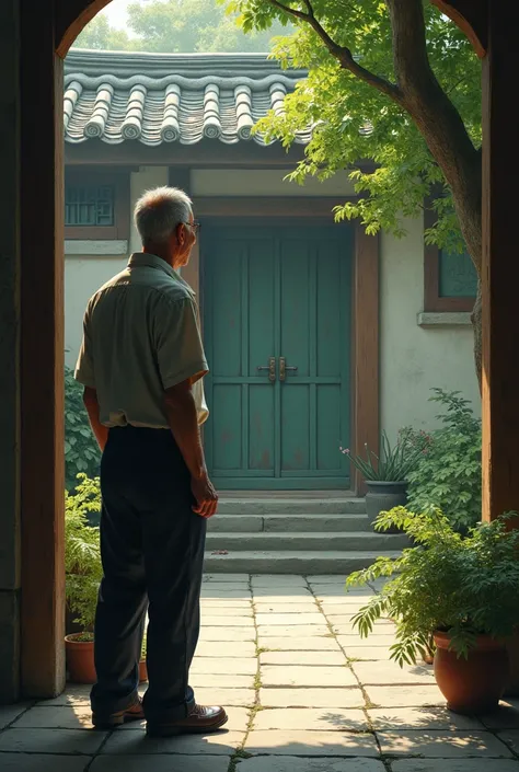 An old asian man standing in the courtyard of the house, waiting for his lover .  He wears a neat shirt and looks at the street in front of his house.