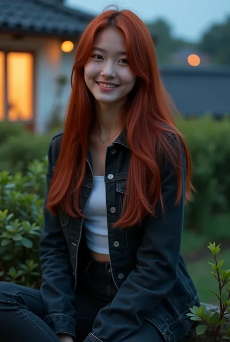 A photo of a Korean female with straight shiny red long thick hair, chubby cheeks. She is Sit on the roof with a view of a beautiful house environment full of green plants in the morning , and has a very sweet smiles expression. She is wearing a fitted bla...