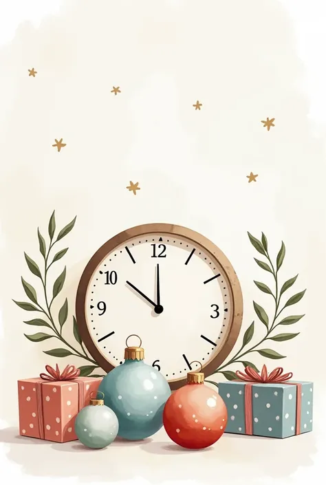 Abstract watercolor illustration for a Christmas greeting card. 2 glass balls and a clock on the wall, gift boxes wrapped in packaging paper. Simple, Scandinavian minimalism, tender pastel tones on light background. Cool and cheerful vibe.