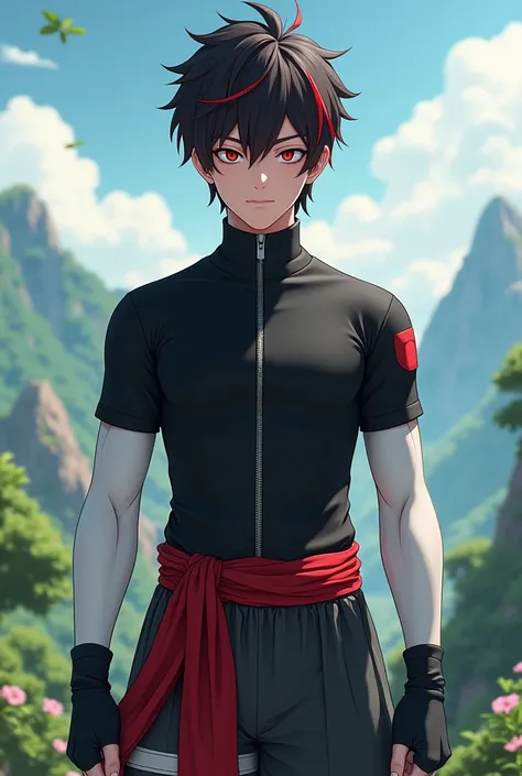 With the traits of the anime Naruto, create the image of a young man with BLACK EYES S, dark red hair ,  a black compression shirt with a silver zipper , The RIGHT arm is WHITE including the hand with a black GLOVE, The left arm has a glove ,  around the w...