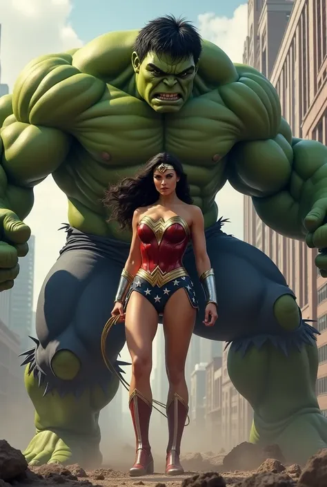 Wonder Woman fighting Hulk body Athletic slim buttocks big breasts 