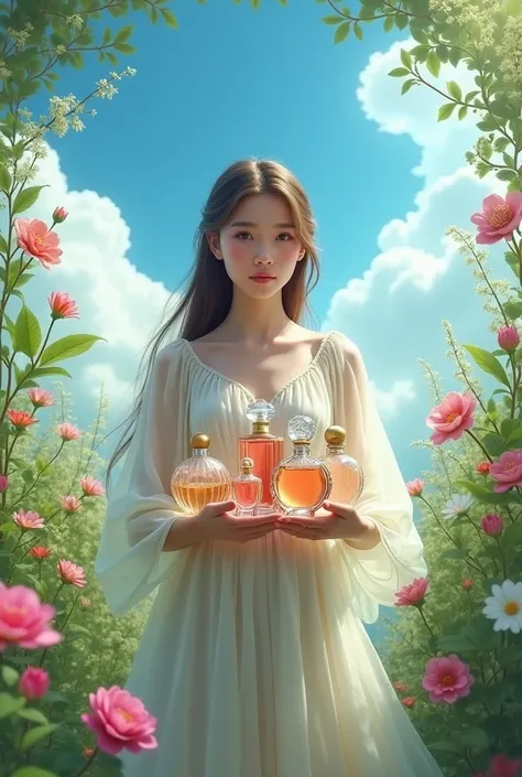 Beautiful girl holding many bottles of perfume in the garden，The sky is blue and white clouds。