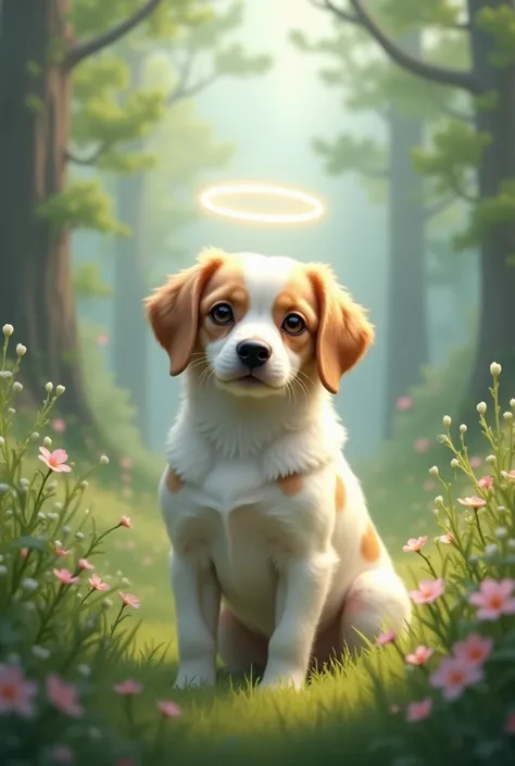  My deceased dog with an angels halo over her head as if she were an angel,  in a paradise-like landscape . She had no definite breed , with the whole body white, with a few small caramel and black spots on the body ( on the part of the face there were onl...