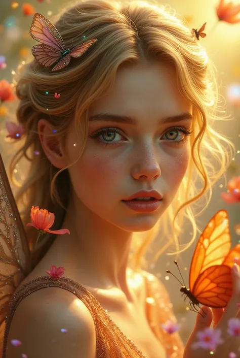 ((masterpiece)). This artwork is dreamy and ethereal, with golden hues. Generate a male fairy exploring a flower world with a wide variety of golden shades. His sweet face is extremely detailed and realistic with elegant, and looks like ((Lucas Till )). In...