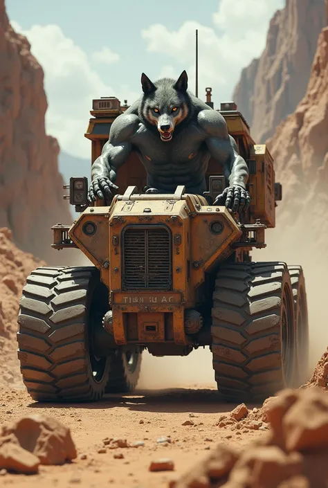 A humanized wolf named Titanium Wolf drives a mining vehicle