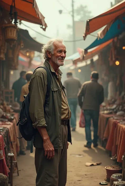 An older man with a small smile finds himself with old clothes in a blurry flea market. 