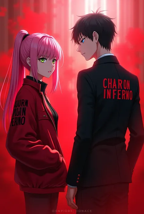 une belle fille au cheveux rose avec des yeux vert avec une veste rouge avec écrit en noir sakura infernoet un mec avec des cheveux coiffée en arrière avec les yeux bleus brillant avec au dos écrit charon inferno face a de la fumée rouge 