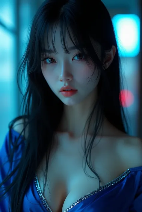 Highest quality、8K Masterpiece、Ultra-high resolution、(Realistic:1.3)、RAW Photos、japanese girl with long hair、Super long straight hair、Bangs between the eyes、Hair above the eyes、片Hair above the eyes、Hair between the eyes、White and glowing skin、1. Cyberpunk ...