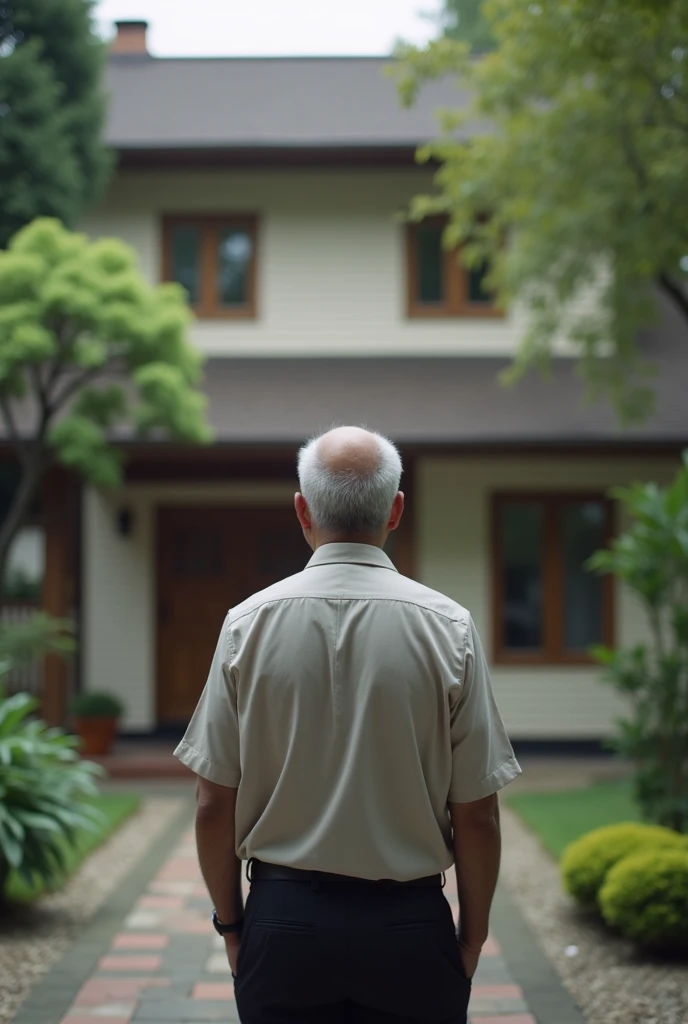 An old asian man standing in the courtyard of the house, waiting for his lover .  He wears a neat shirt and looks at the street in front of his house. No sooner had ,  arrived, he looked agitated and turned inside the house.. 