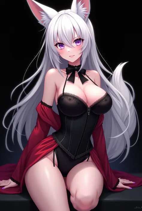 Best quality, High accuracy, Great job, precise, High resolution, sexy mature anime woman, masterpiece, best quality, big breasts, perfect hair, long white hair,  white fox ears, limited color, thighs, purple eyes, seductive, ((bright purple eyes)), ((mono...