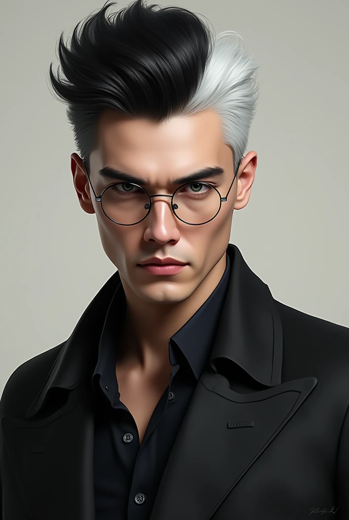 Stylish man with shared black and white hair with round lenses 
