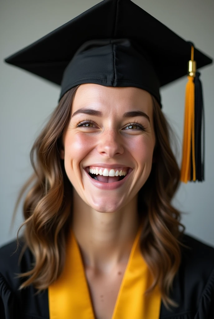 Image of a graduate student wearing a black and gold cap with the name Gabriel