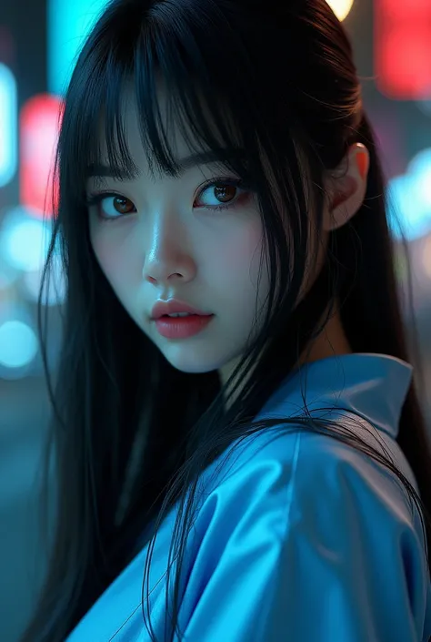 Highest quality、8K Masterpiece、Ultra-high resolution、(Realistic:1.3)、RAW Photos、japanese girl with long hair、Super long straight hair、Bangs between the eyes、Hair above the eyes、片Hair above the eyes、Hair between the eyes、White and glowing skin、1. Cyberpunk ...