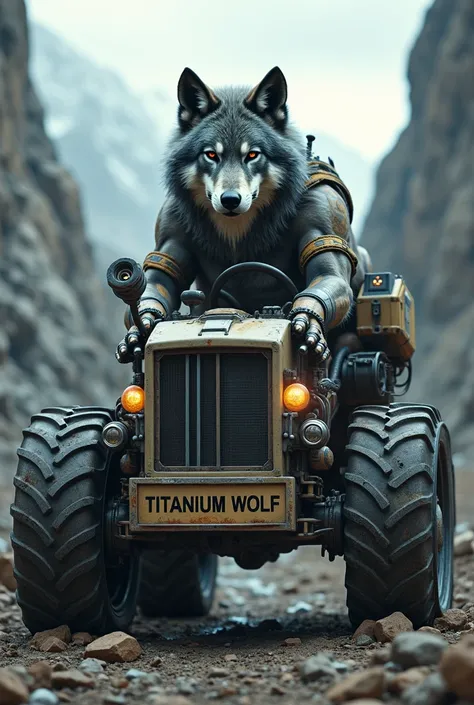 A wolf named Titanium Wolf drives a mining vehicle and at the bottom of the image there is a sign that says Titanium Wolf