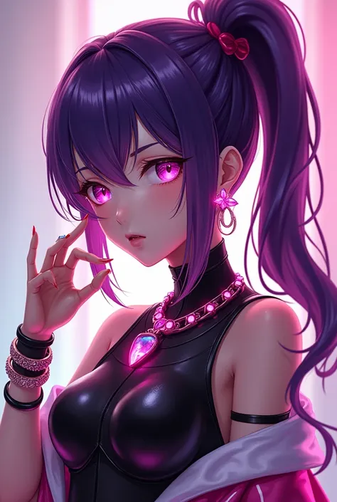 Ultra Detailed Anime Art Black Latex Costume Young Japanese Idol Purple Hair Fuchsia Highlights High Definition Ponytail Sparkling Flashy Necklace Earrings Bracelets