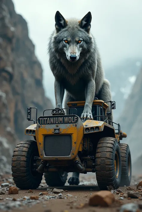 A wolf named Titanium Wolf drives a mining vehicle and at the bottom of the image there is a sign that says Titanium Wolf