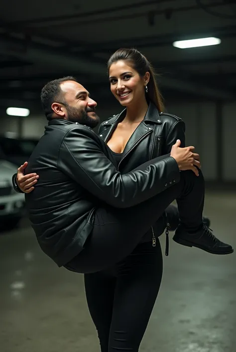 create a real image: tall Beautiful Turkish athletic actress in leather jacket tied hair, carries passed-out overweight man in her both arms in a shade parking lot, front angle, natural smile , she has super strength, full body view , looking into the came...