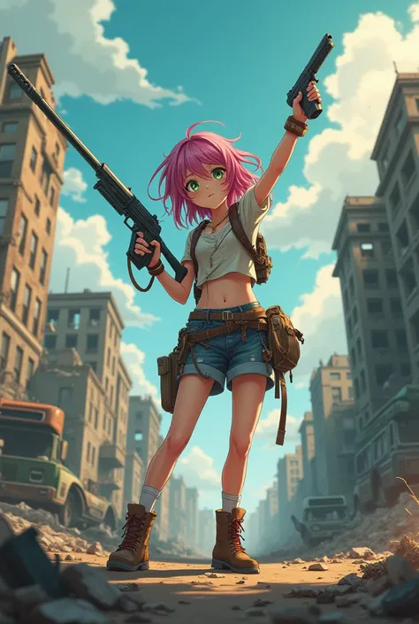 Create an anime girl in an apocalyptic world and shes holding a gun