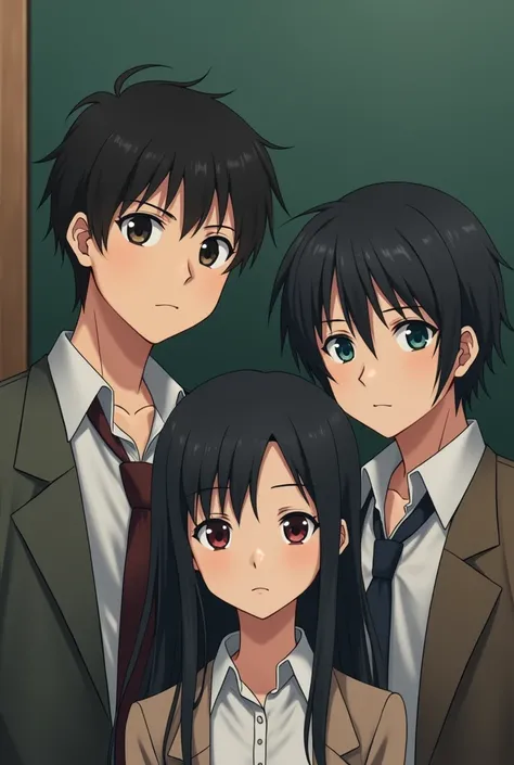 2 boys one girl, Schoolgirls teen , With black hair everyone not kawaii