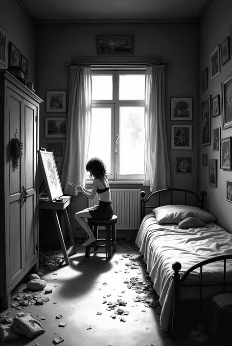  Realistic horizontal image in black and white  . è notte.  Overview of a small bedroom with a single bed inside , a wardrobe with two doors ,  many paintings hanging on the walls ,  a small desk with a chair .  The chair is near a closed window with open ...