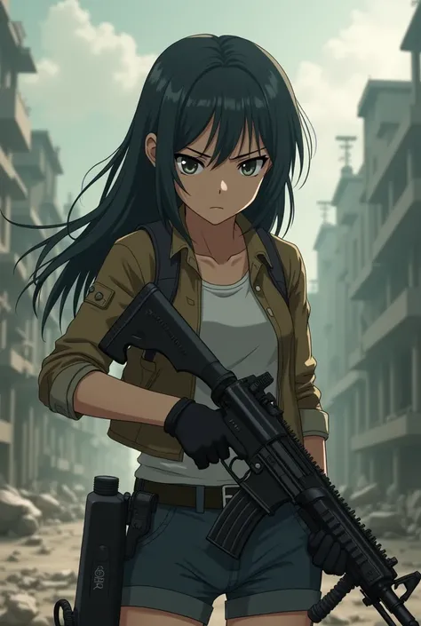 Create an anime teenager shes serious and shes holding a gun and shes in a post-apocalyptic world 