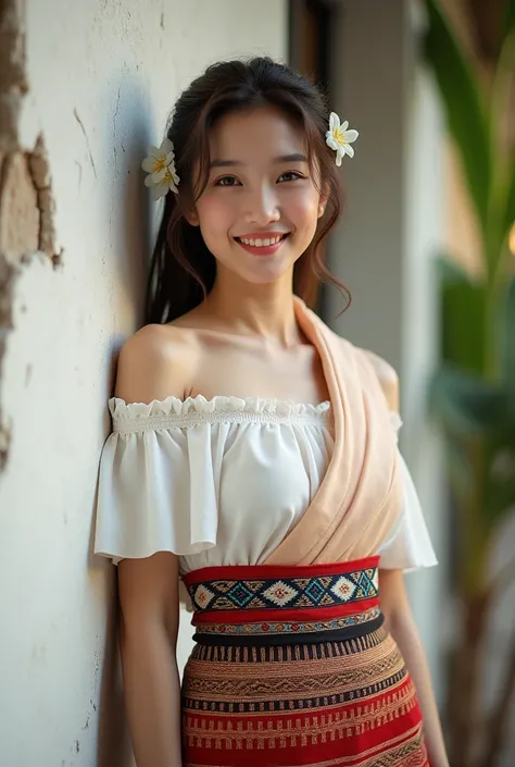 a young Asian woman,Japanese look, leaning against a crumbling white wall. She has white skin and elegantly styled dark brown hair with a bunch of jasmine flowers in her hair. She wears light makeup to highlight her natural beauty with light pink lipstick ...