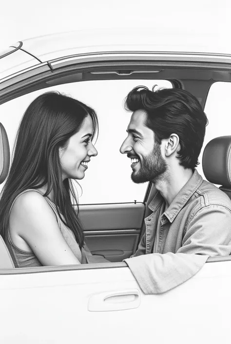 Medium abstract pencil drawing two realistic friends talking in a car where they look complete and face to face 