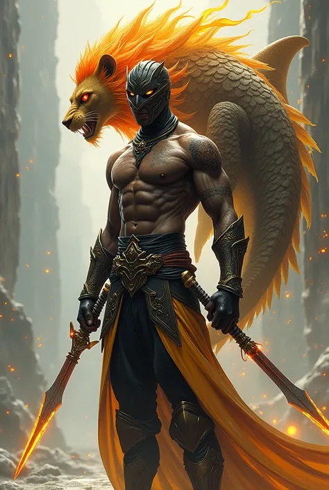  A young looking tall male character with a warrior mask covering the characters face and face, It is an uncapped black and yellow armor with an aura of red rays and golden water , a chimera with the face of a lion but with a fiery mane with a body full of...