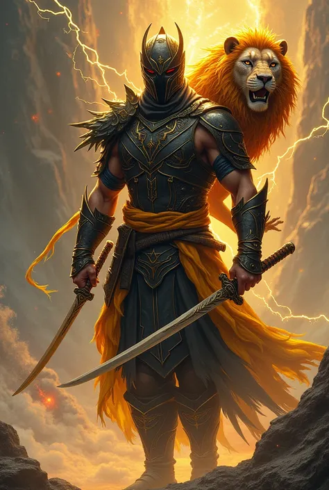  A young looking tall male character with a warrior mask covering the characters face and face, It is an uncapped black and yellow armor with an aura of red rays and golden water , a chimera with the face of a lion but with a fiery mane with a body full of...