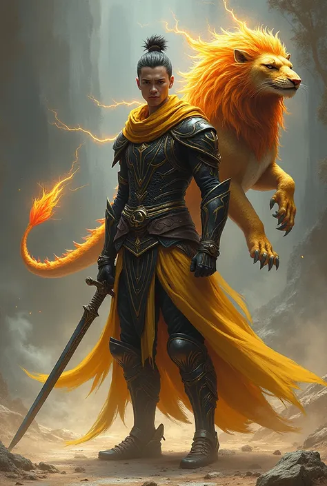  A young looking tall male character with a warrior mask covering the characters face and face, It is an uncapped black and yellow armor with an aura of red rays and golden water , a chimera with the face of a lion but with a fiery mane with a body full of...