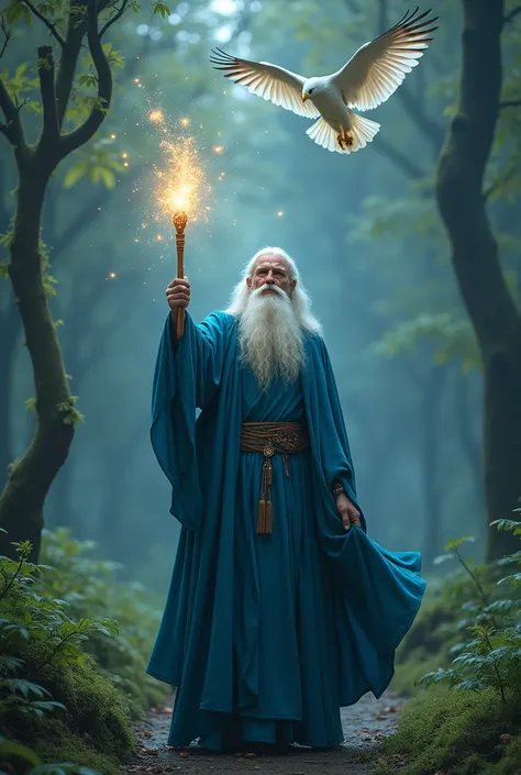  Druid wizard Merlin in blue clothing and small stars with a luminous magic wand in a forest in Ireland. An albino eagle flies over him . 