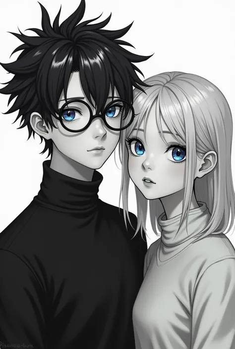 Black-and-white-haired brother with round glasses with his blue-eyed blonde sister 