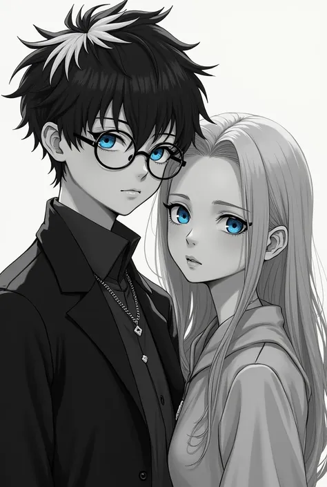 Black-and-white-haired brother with round glasses with his blue-eyed blonde sister 