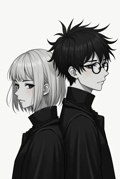 Black-and-white-haired brother with round glasses with his blonde sister 