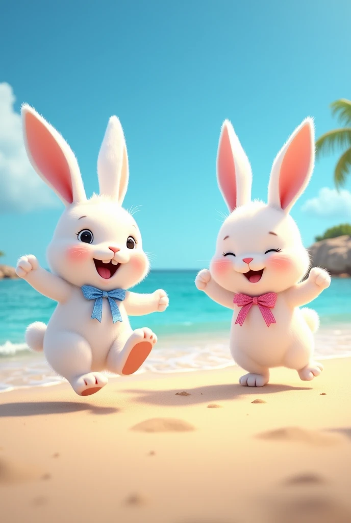 2 cute white rabbits 、 one with a blue ribbon 。 and one with a pink ribbon。Playing at the beach。summer。What is the content of the 。 with the letters AQUA on the sign 。