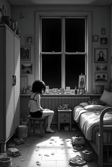 Realistic horizontal black and white image . It is night.  Overview of a small bedroom with a single bed inside , a wardrobe with two doors ,  many paintings hanging on the walls ,  a small desk with a chair .  The chair is next to a black window closed wi...