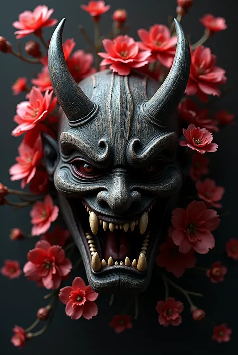 Traditional Japanese Oni mask with lykoris around it with black background

