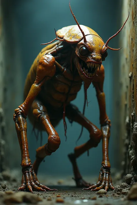 A disgusting and deformed cockroach man
Very humanoid 