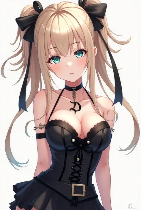 anime. A girl with a messy beige ponytail, with a black satin ribbon with pearls on her head , light opaque blue eyes ,corset color black  ,black mini skirt ,black necklace with initial D ,somewhat rude 