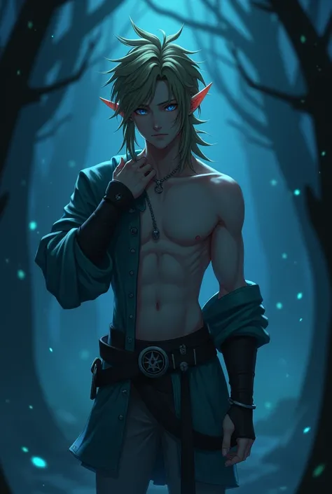 A male character with pointed ears and long inspired on link, anime style messy hair. The character is shirtless and stands in a relaxed pose with one hand near his neck. The environment is dark with blue tones, featuring scattered lights that create a mys...