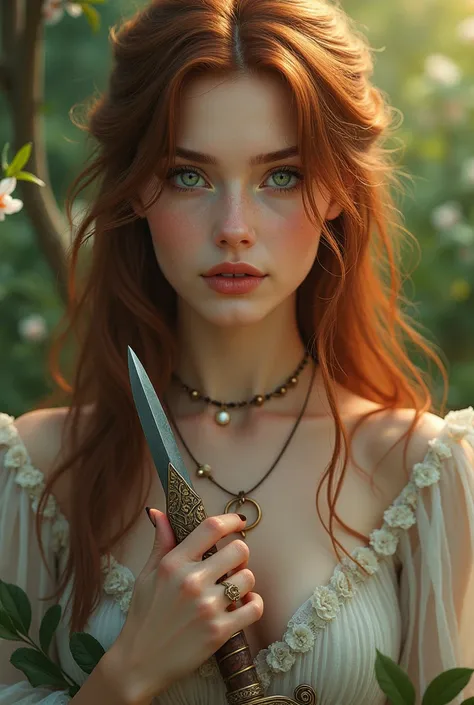 A beautiful, detailed portrait of a young woman with striking glowing green eyes, delicate features, and long, flowing auburn hair set against a serene, dark gray and gold clothes, holding two daggers. (best quality,4k,8k,highres,masterpiece:1.2),ultra-det...