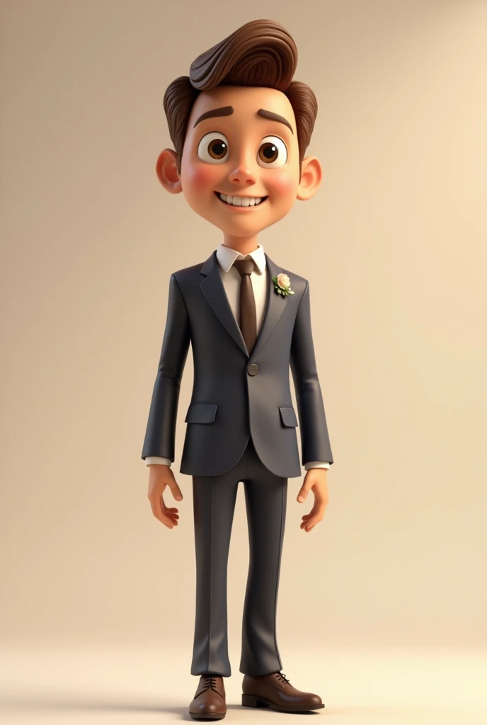 Create animated 3D image single man pretty brown hair brown eyes dress for marriage elegant shoes smiling from the heart for wedding