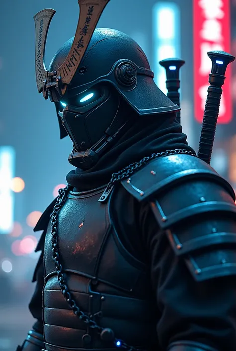  Cyberpunk samurai armor is composed of matte black metal plates with details in light blue neon , allowing stealth and agility .  The mini scythes are held by metal chains ,  with a length slightly longer than the arms ,  providing unrestricted reach and ...