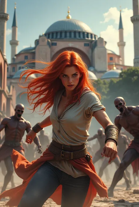 Make the character of a red-haired girl fighting zombies there in front of Hagia Sophia in Istanbul Let it be a realistic animation get 1e1 size 