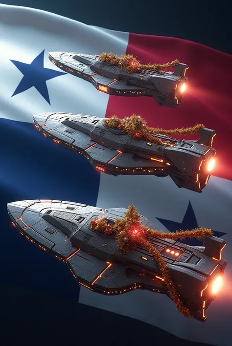 3 starships with Christmas decoration complete with powerful lights with a Panamanian flag