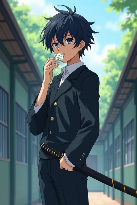  Male adolescent anime character, with dark hair, holding a wakizashi in the sheath ,  wearing a school uniform ,  holding a paper talisman on her lip 